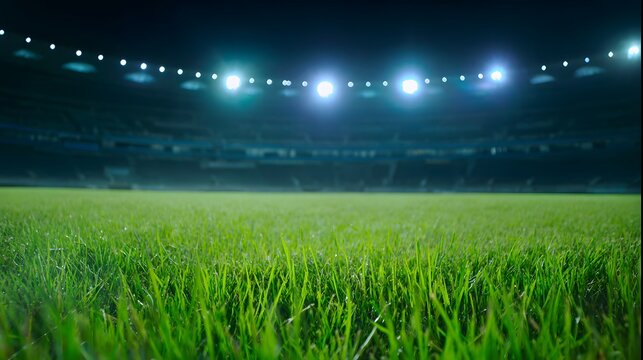 Night stadium grass glows under brilliant lights evoking a powerful athletic event atmosphere