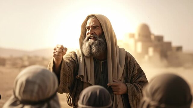 Man preacher in ancient Israelite land preaching to people, evangelist spreading repentance message. Biblical prophet teaching sermon to a crowd.