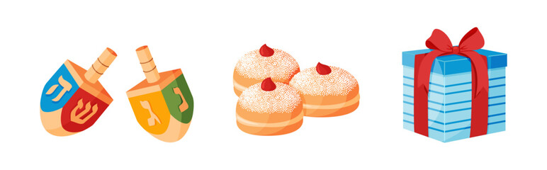 Colorful Hanukkah set with dreidels, sufganiyot donuts, and wrapped gift box. Hand drawn trendy flat style. Perfect for holiday cards, posters, invitations, and festive designs. Vector illustration