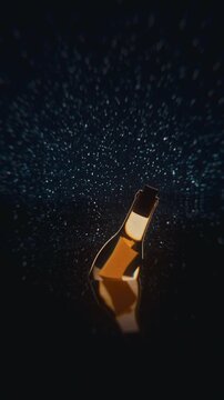 Vertical 4K seamless animation of a glass bottle floating on a starry sea, carrying a hidden message. Dreamy, poetic, and symbolic &mdash; solitude, hope, and connection across distance.