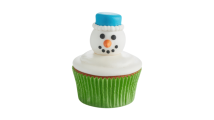 Delightful festive snowman cupcake with sweet white frosting and a bright blue hat, perfect for holiday celebrations and winter treats
