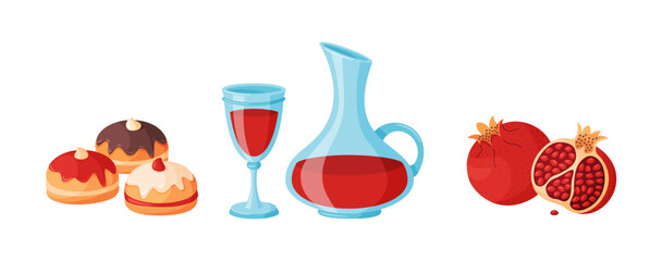 Hanukkah elements set. Sufganiyot donuts, carafe and glass of red wine, and pomegranates. Hand drawn trendy flat style. Perfect for holiday cards, posters, invitations, and festive designs. Vector