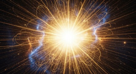 Radiant Genesis - A Symmetrical Explosion of Golden Light Trails and Cosmic Blue Nebulae.