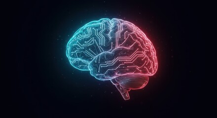 Glowing Neon Brain Illustration - Futuristic Digital Concept on Black Background.