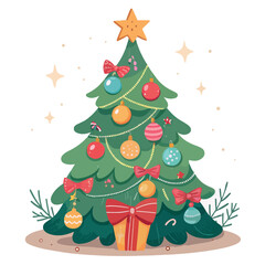 White background Christmas tree with red ribbon and ornaments is a festive holiday decoration for the winter season