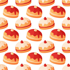 Seamless pattern featuring rows of traditional sufganiyot. Hanukkah jelly donuts. Festive flat vector design perfect for wrapping paper, backgrounds, textiles, and holiday decorations.