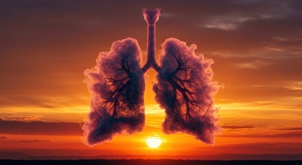 Dramatic Cloud Lungs Silhouetted Against Fiery Sunset Sky, Symbolizing Respiration and Environmental Health.
