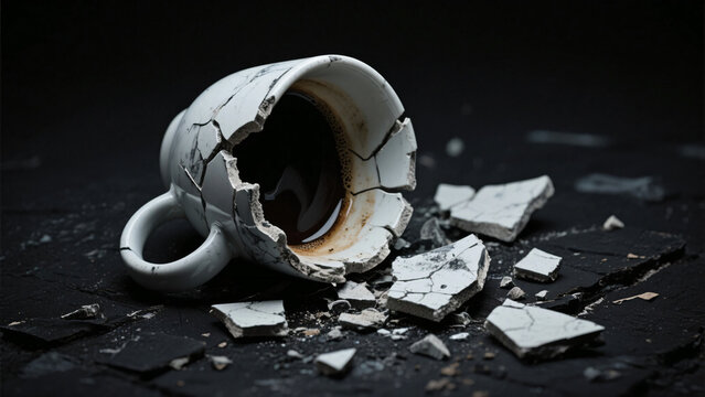 Broken Coffee Cup with Spilled Drink on Dark Background