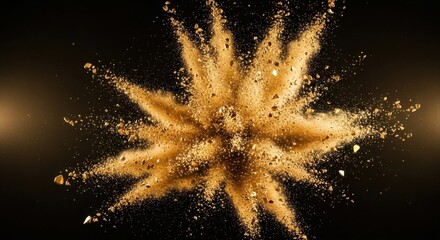 Golden Powder Explosion Against Black Background - Dynamic Abstract Art.