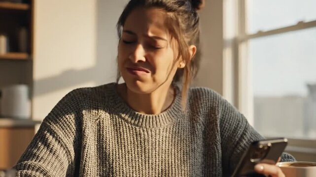 Woman reacts to smartphone during breakfast with food and coffee indoors with sunlight