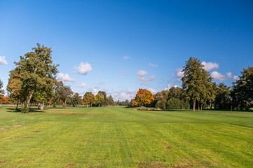 Golf fairway with autumn trees under clear blue sky