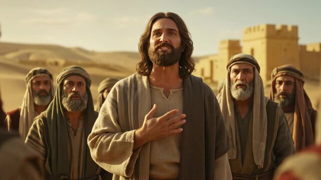 Enlightened man preaching to men in ancient desert city. Biblical narrative of messenger teaching disciples. Sacred story for religious education.