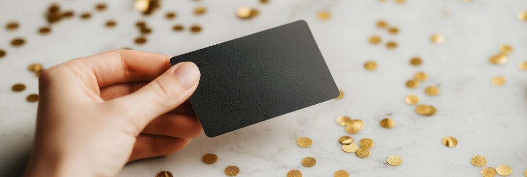 Hand holding black credit card over white marble countertop scattered with gold confetti