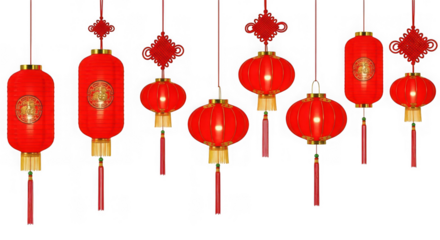 A collection of traditional red chinese lanterns isolated on transparent background