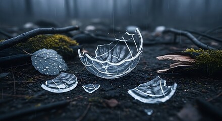 Broken glass bowl shatters on forest floor amidst fallen leaves and mossy branches, symbolizing fragility and decay in a somber, melancholic atmosphere.