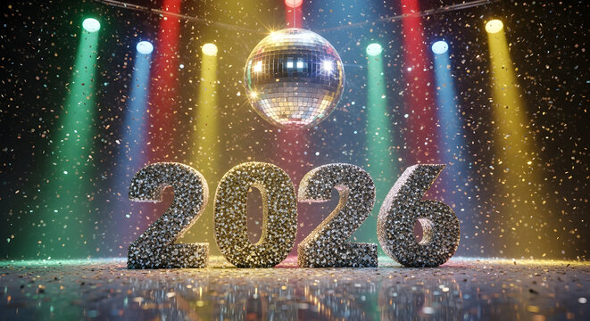 Happy New Years Eve 2026 Party Concept With Glittering Gold Text On Disco Floor Illuminated By Colorful Spotlights And Shiny Mirror Ball Creating Festive Atmosphere For Event Banners Digital Advertise