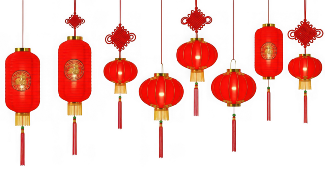 A collection of traditional red chinese lanterns isolated on transparent background - Powered by Adobe