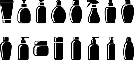 Collection of various black cosmetic bottles isolated on transparent background, showcasing diverse shapes and sizes for beauty and personal care products