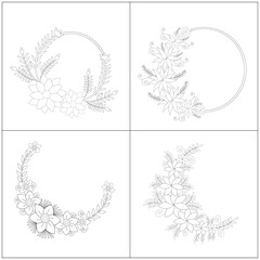 Minimal botanical Wreath graphic line art drawing bundle, trendy outline Flower design, floral elements illustration set
