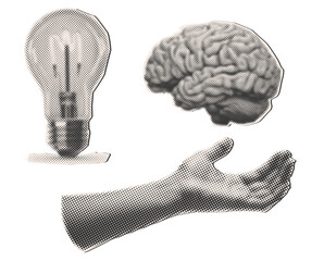 Trendy retro halftone collage elements light bulb,brain,hand,Creative idea generation or brainstorm concept