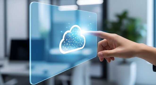 Cloud Computing Technology Concept Touchscreen Interface Cloud Icon Digital Transformation Innovative Technology Cloud Computing Solutions Data Storage Virtualization