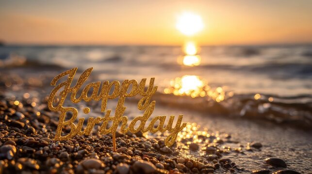 Golden hour sunset reflecting on ocean waves with a delicate plant growing on a pebble beach - Powered by Adobe