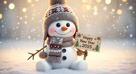 Charming cartoon snowman character wearing knitted winter hat and scarf holding small wooden sign with Happy New Year 2026 text surrounded by falling snowflakes and warm bokeh light