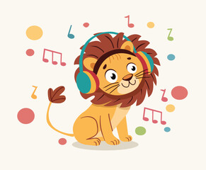 Adorable Cute Lion is wearing a headphone and listening to music