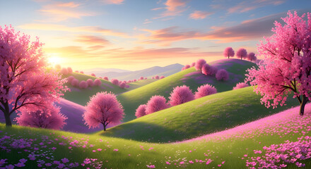 Vibrant pink cherry blossom trees adorn rolling green hills under a soft pastel sunset sky