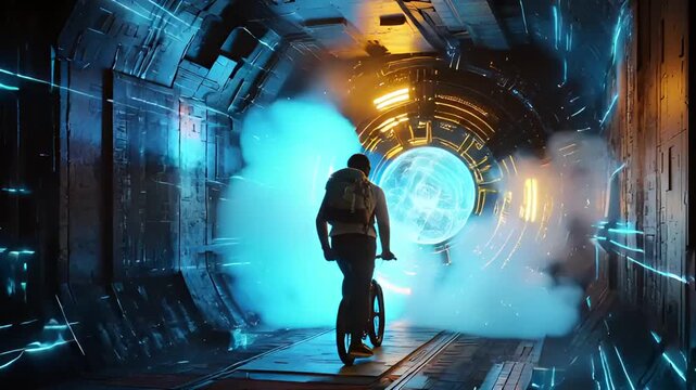 Futuristic Traveler with Bicycle Stands Before a Glowing Interdimensional Portal.