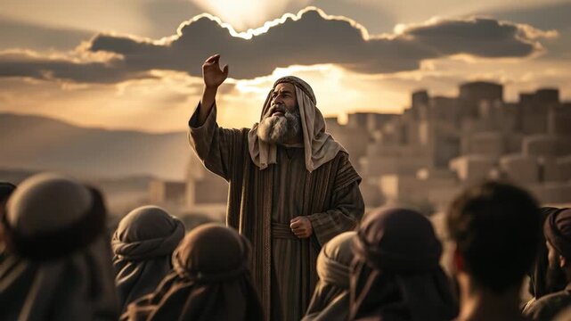Male preacher delivering sermon to crowd in ancient biblical land. Apostolic preaching in old judean settlement for repentance.