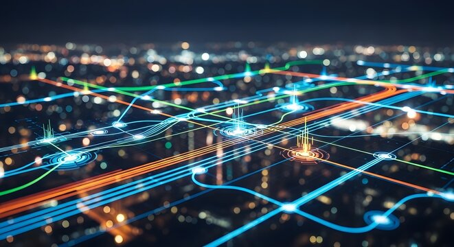 Abstract Futuristic Cityscape Data Streams Communication Lines at Night Innovation in Infrastructure Urban Digital Network Connection Visualisation Concept Digital Communication Lines