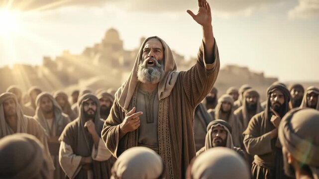 Elderly man preacher in biblical robes speaking to a crowd of men in an ancient biblical land, giving an apostolic sermon.