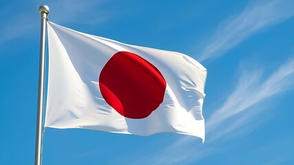 Japan national flag waving against clear blue sky with wispy cirrus clouds. Identity, culture, and pride. - Powered by Adobe