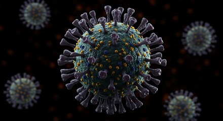 Artistic rendering of a microscopic virus with spikes on a dark backdrop