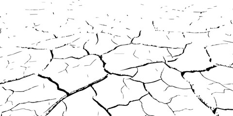 Black and white cracked dry soil texture background, broken earth drought surface pattern, climate change parched ground nature concept, abstract environmental disaster illustration for design use.