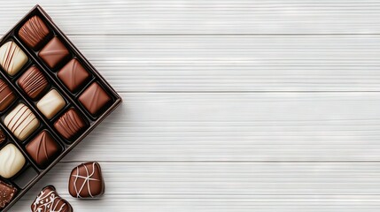 Delight in rich chocolates arranged elegantly on a rustic wooden backdrop inviting sweeter moments of indulgence and joy