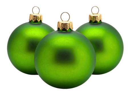 Three vibrant green ornaments with golden caps, isolated on a black background