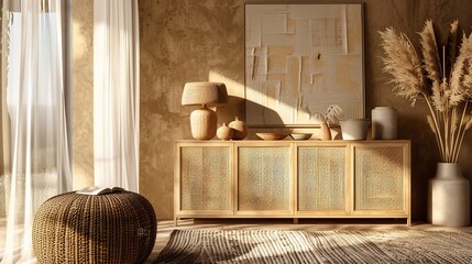 Sunlit interior scene featuring a woven cabinet, decor, pampas grass, and warm tones
