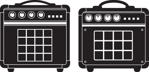 Two black guitar amplifier silhouettes isolated on white background