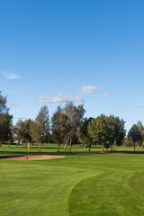 Golf green with sand bunkers and trees under blue sky