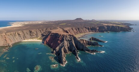 Volcanic Cliffs of Orzola from Above &ndash; Turquoise Waters of Lanzarote