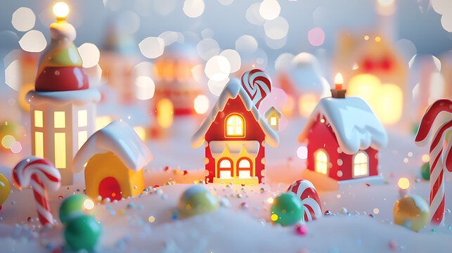 Festive holiday scene gingerbread village digital art winter wonderland close-up magic and cheer - Powered by Adobe