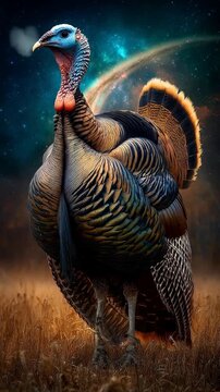 A thanksgiving mobile smartphone wallpaper lockscreen wild turkey in a golden cornfield under a deep twilight sky filled with stars and faint aurora