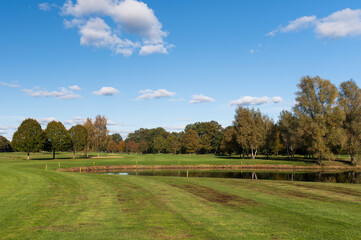 Fototapeta premium Golf course with pond and trees under clear blue sky