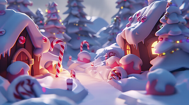Winter wonderland candy village snowy landscape 3d animation cozy environment playful viewpoint