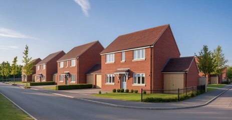 Modern Suburban Street &ndash; Row of New Brick Houses