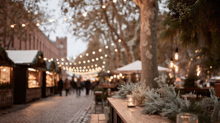 Fototapeta premium Charming Christmas market scene with warm lights illuminating decorated stalls and tables, creating cozy atmosphere