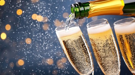 Celebration vibes with champagne pouring into elegant glasses amidst a shimmering backdrop