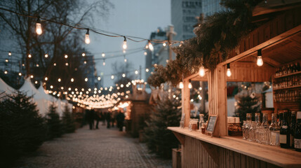 Charming Christmas market scene featuring wooden stalls adorned with festive lights, creating warm and inviting atmosphere